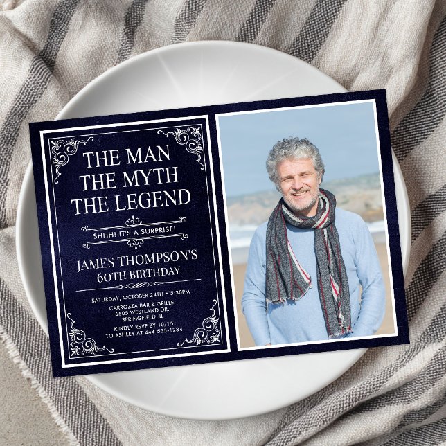 Man Myth Legend Blue Surprise 60th Birthday Photo Invitation (Creator Uploaded)