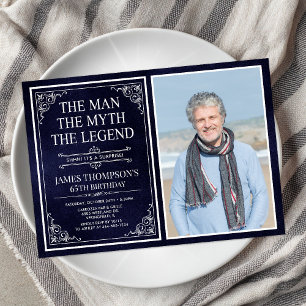 Man Myth Legend Blue Surprise 65th Birthday Photo Invitation