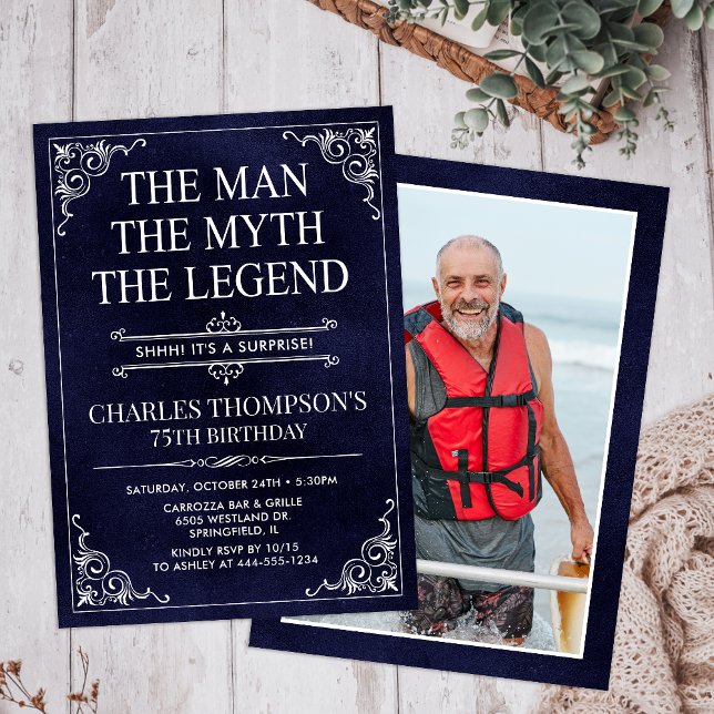 Man Myth Legend Blue Surprise 75th Birthday Photo Invitation (Creator Uploaded)