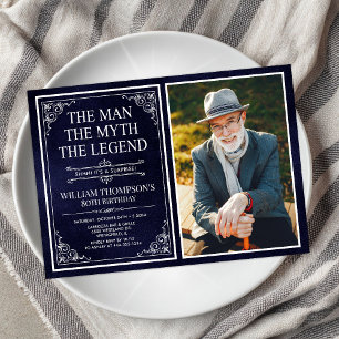 Man Myth Legend Blue Surprise 80th Birthday Photo Invitation