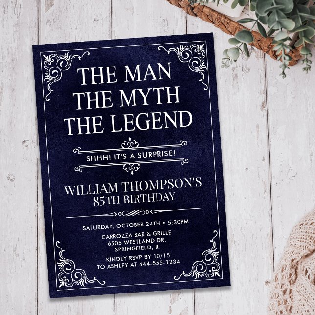 Man Myth Legend Blue Surprise 85th Birthday Invitation (Creator Uploaded)