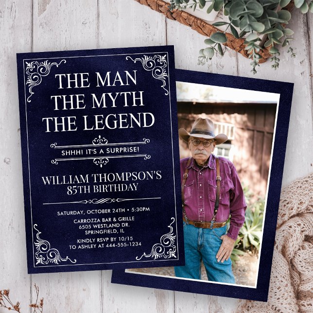 Man Myth Legend Blue Surprise 85th Birthday Photo Invitation (Creator Uploaded)