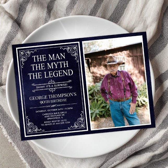 Man Myth Legend Blue Surprise 90th Birthday Photo Invitation (Creator Uploaded)