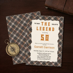 Man Myth Legend Modern Copper Plaid 50th Birthday Invitation