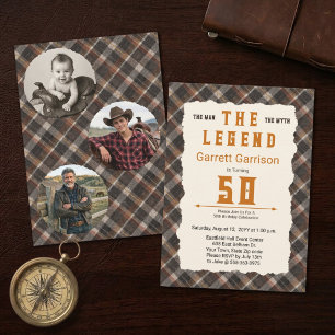 Man Myth Legend Modern Copper Plaid 50th Photo Invitation