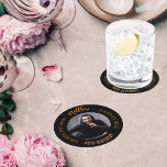 Man myth legend photo black gold birthday party round paper coaster<br><div class="desc">A classic black background.   Text: The Man,  The Myth,  The Legend. Personalise and add his name,  age and photo.</div>