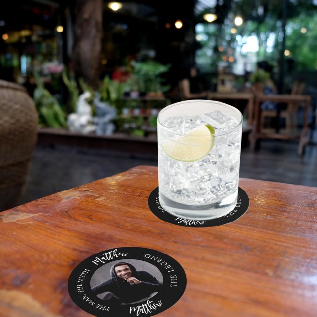 Man myth legend photo black white party round paper coaster (Creator Uploaded)