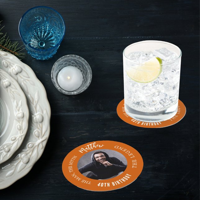Man myth legend photo burnt orange birthday party round paper coaster (Creator Uploaded)