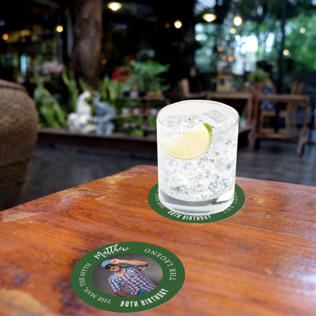 Man myth legend photo emerald green birthday party round paper coaster (Creator Uploaded)