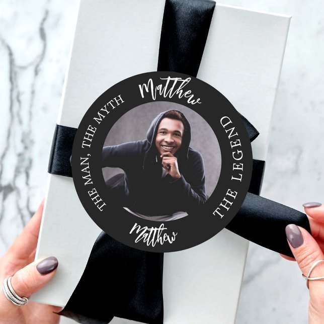 Man myth legend photo name classic round sticker (Creator Uploaded)