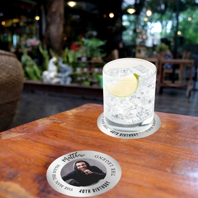 Man myth legend photo silver birthday party round paper coaster (Creator Uploaded)