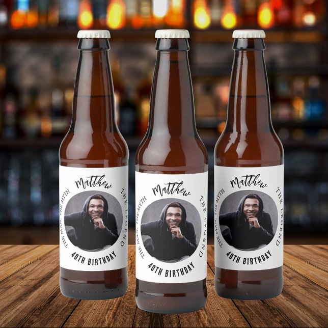 Man myth legend photo white black birthday party beer bottle label (Creator Uploaded)