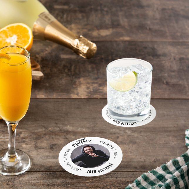 Man myth legend photo white black birthday party round paper coaster (Creator Uploaded)