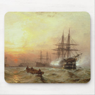 Man-o'-War firing a salute at sunset Mouse Mat