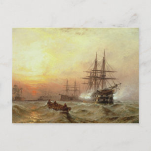 Man-o'-War firing a salute at sunset Postcard