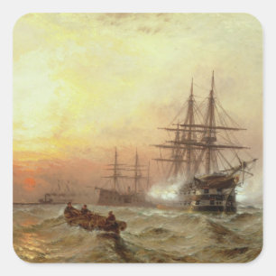 Man-o'-War firing a salute at sunset Square Sticker