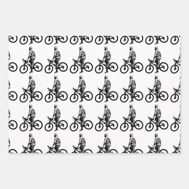 Man on bicycle graphic motif pattern wrapping paper sheet (Front)