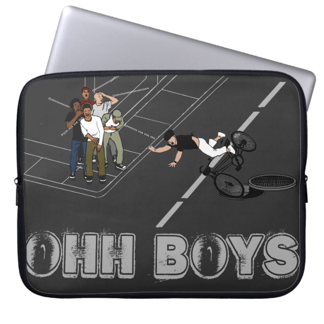 Man on Bike Hits Manhole OHH BOYS Crack Up Laptop Sleeve (Front)