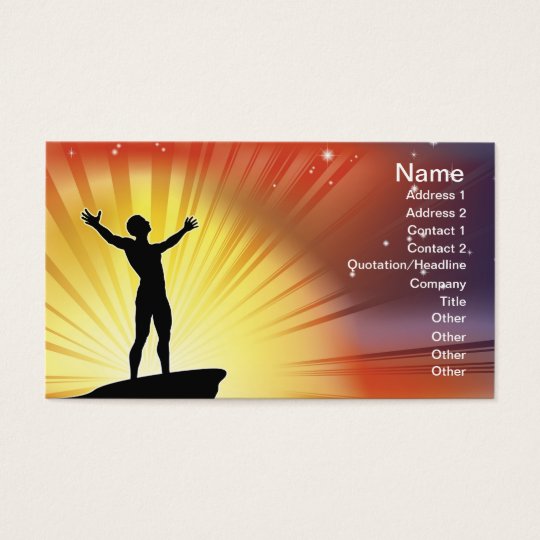 Man on cliff top with arms raised business card