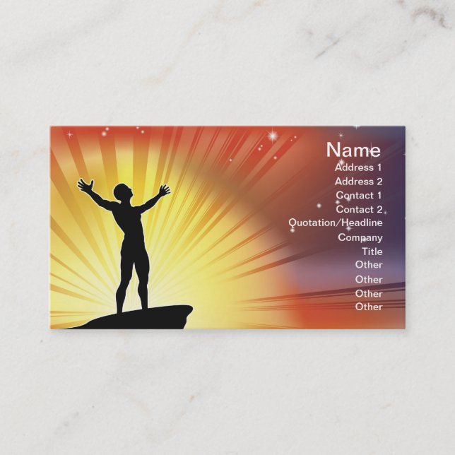 Man on cliff top with arms raised business card (Front)