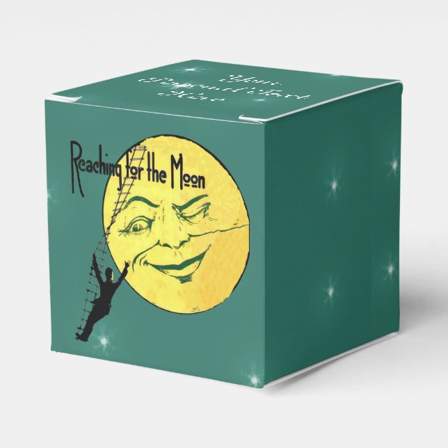 Man on Ladder Reaching for Winking Moon Green Favour Box (Front Side)