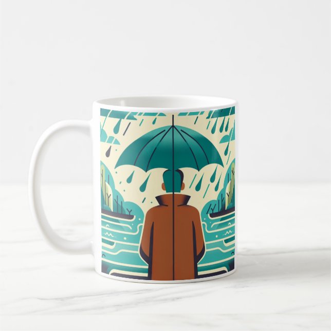Man on rainy day umbrella coffee tea mug cup (Left)