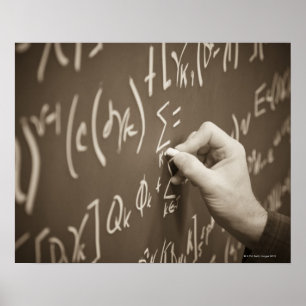Man printing math equations on a chalkboard poster
