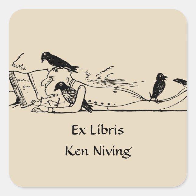 Man Reading With Crows Bookplate Square Sticker (Front)