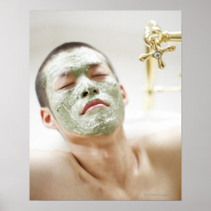 Man Relaxing in a Bathtub with a Facial Mask Poster