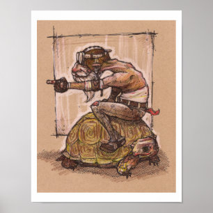 Man riding a turtle drawing poster