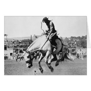 Man riding bucking horse in rodeo