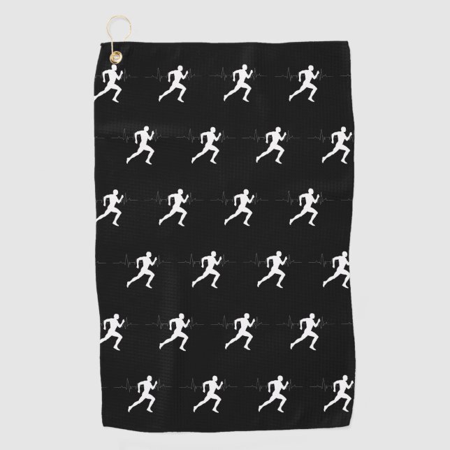 Man Runners Silhouette HeartBeat Line Black Golf Towel (Front)