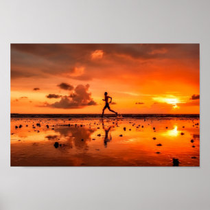Man Running on Beach at Sunset Poster