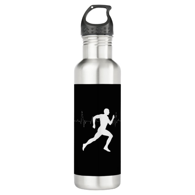 Man Running Runners Silhouette HeartBeat Line  710 Ml Water Bottle (Front)