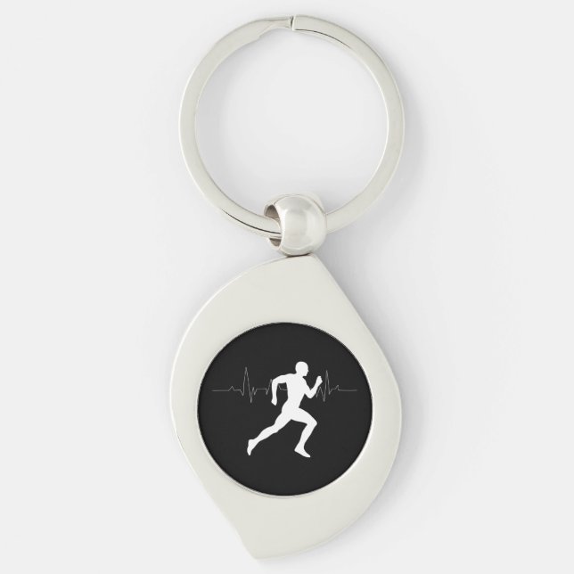 Man Running Runners Silhouette HeartBeat Line  Key Ring (Front)