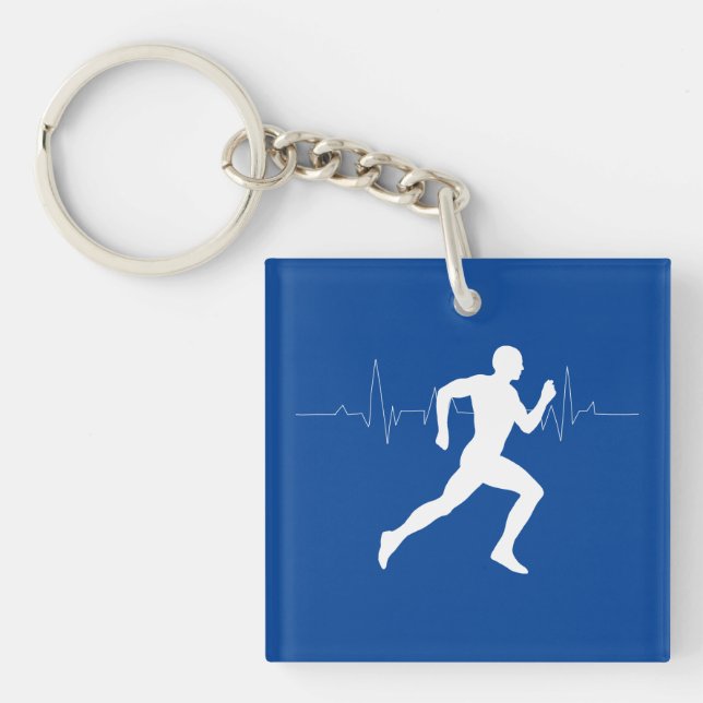Man Running Runners Silhouette on Blue Background  Key Ring (Front)