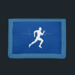 Man Running Runners Silhouette on Blue Background Trifold Wallet<br><div class="desc">Runner silhouette drawing on Blue background. Minimal design with the heart beat line.</div>