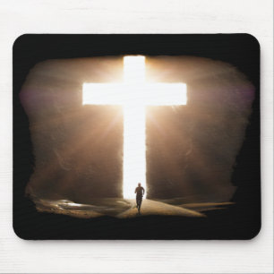 Man Running To Glowing Christian Cross of Jesus Mouse Mat
