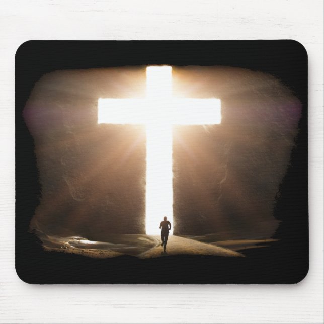 Man Running To Glowing Christian Cross of Jesus Mouse Mat (Front)
