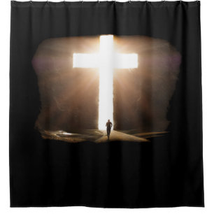 Man Running To Glowing Christian Cross of Jesus Shower Curtain