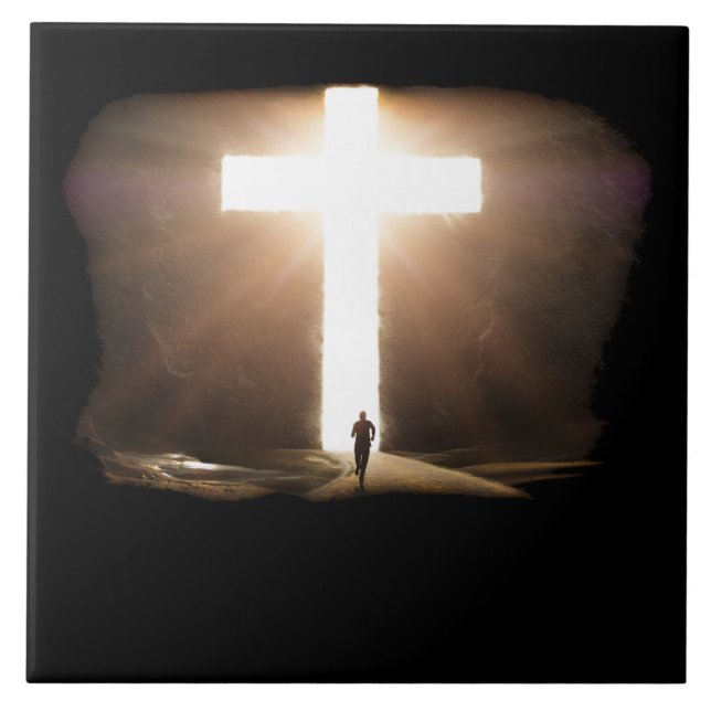 Man Running To Glowing Christian Cross of Jesus Tile (Front)