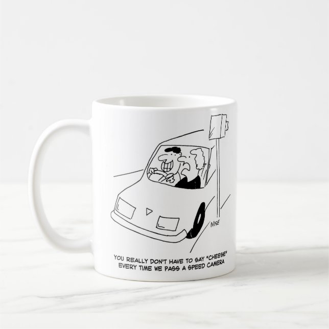 Man says "cheese" passing a speed camera coffee mug (Left)