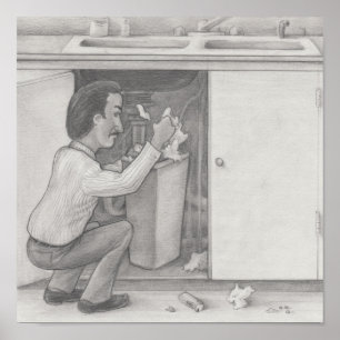 Man Searching Through a Kitchen Cabinet Garbage Ca Poster
