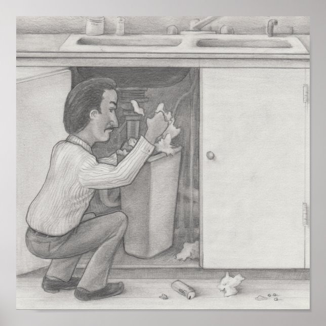 Man Searching Through a Kitchen Cabinet Garbage Ca Poster (Front)