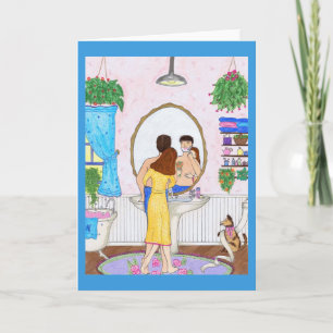 Man Shaving in Bathroom Wife, Dog Greeting Card