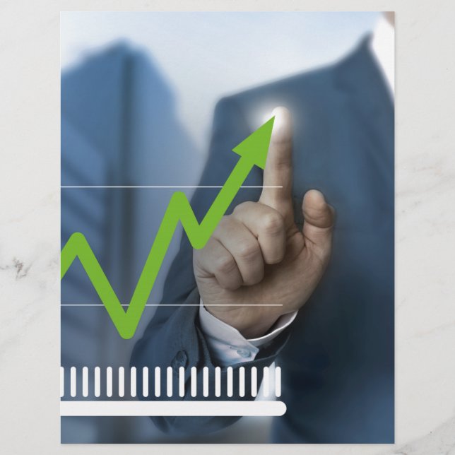 Man showing stock price touchscreen concept (Front)