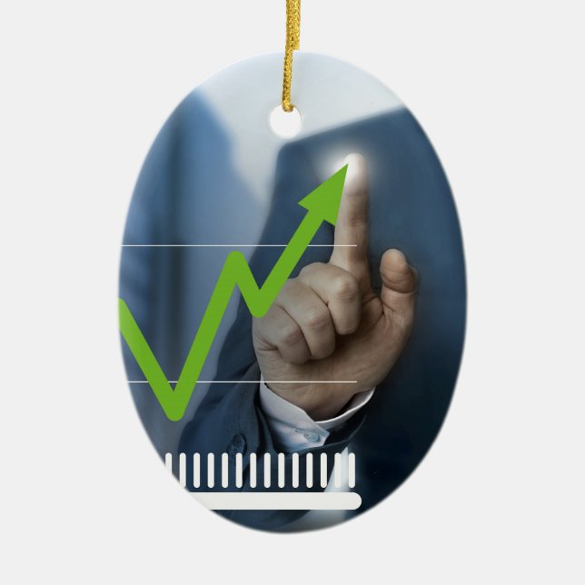 Man showing stock price touchscreen concept ceramic tree decoration (Front)