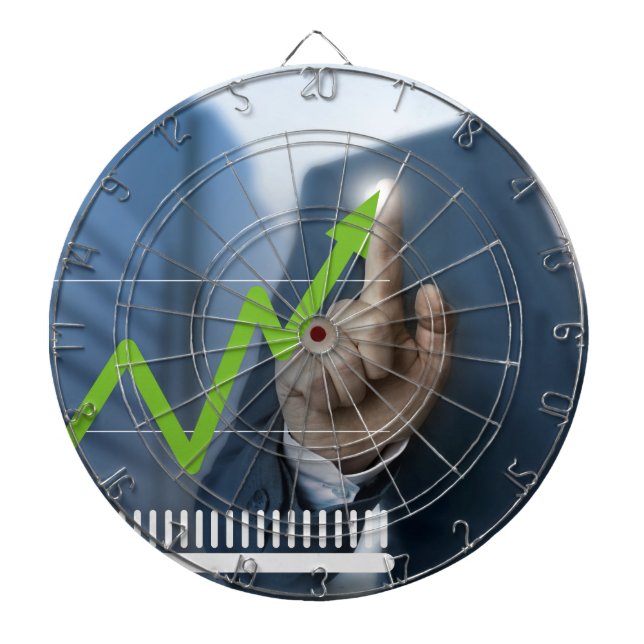 Man showing stock price touchscreen concept dartboard (Front)
