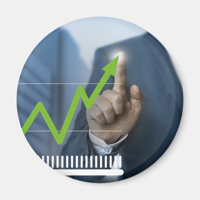 Man showing stock price touchscreen concept magnet (Front)