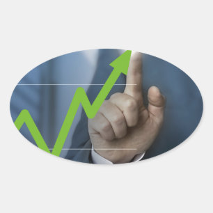 Man showing stock price touchscreen concept oval sticker